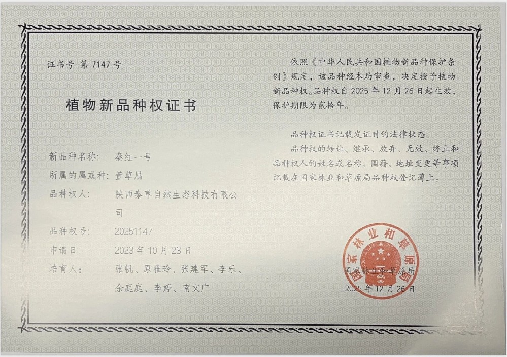 喜报！秦草生态乡土植物获国家植物新品种权认证